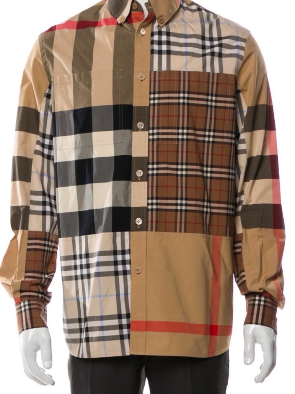 Burberry Men's Patchwork Plaid Button-Down Shirt - Beige/Tan